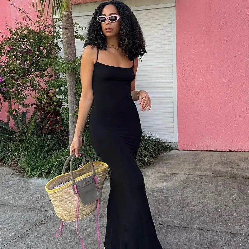 Dulzura Women 2025 Summer Party Club Evening Streetwear Bodycon Beach Basic Black Long Dress Wholesale Items For Business D22775