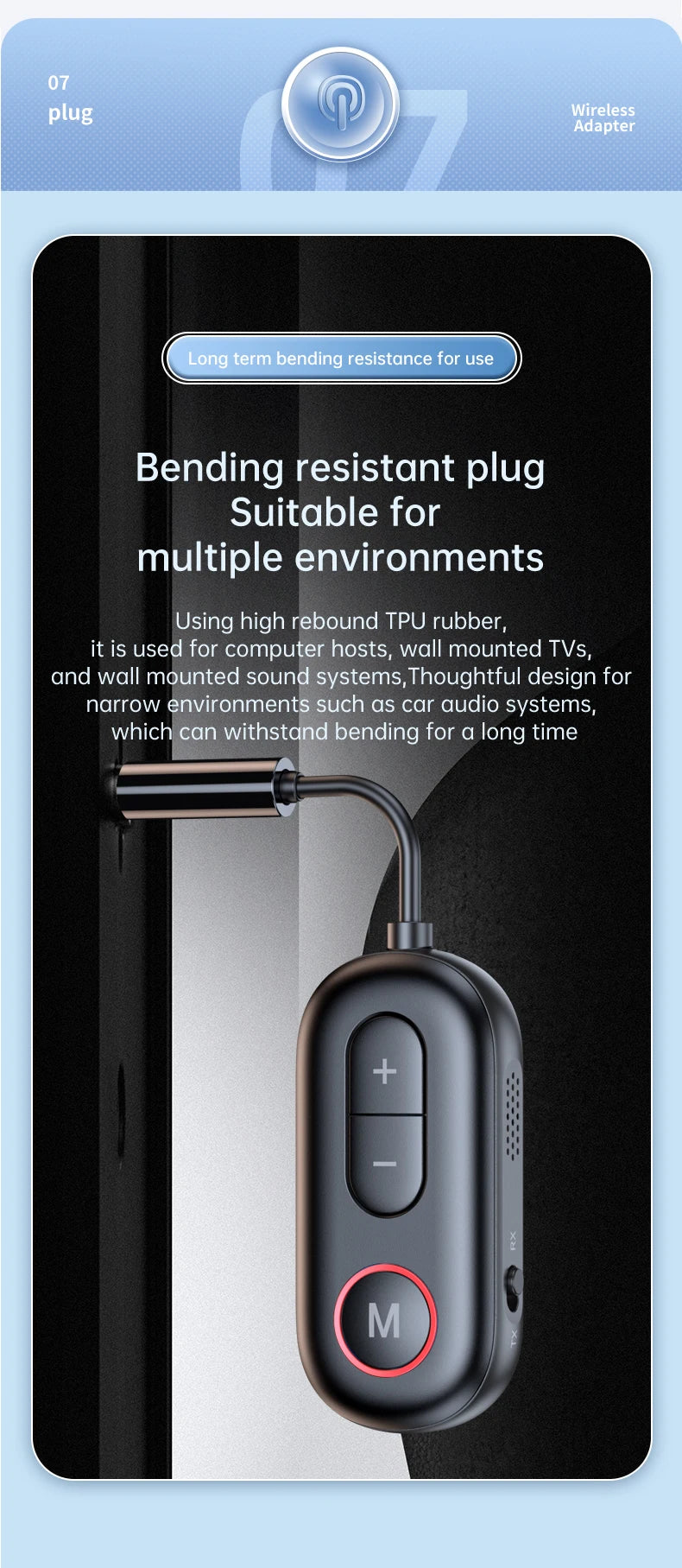 Receptor y transmisor de audio Bluetooth 5.3 con conector auxiliar de 3,5 mm para avión, adaptador USB inalámbrico para TV, PC, auriculares, kit de coche y altavoz.
