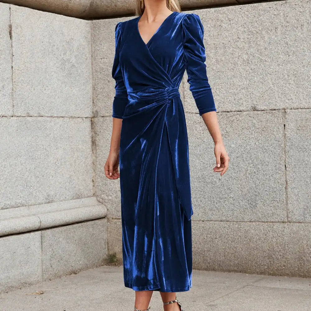 Elegante vestido largo de terciopelo liso para mujer, cuello en V, cruzado, manga larga, cintura alta, fruncido, con cordones, vestido de cumpleaños, vestido de noche sexy para fiesta