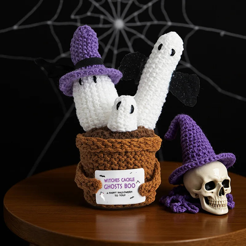 Halloween Pumpkins Ghosts Desktop Decor Crochet Positive Energy Dolls with Cards Handmade Hug Plant for Handwoven Party Gifts