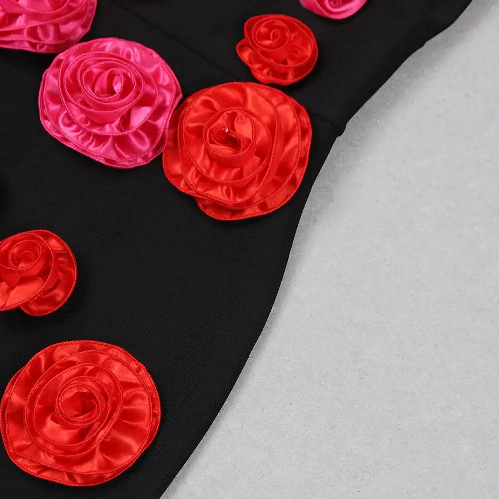 2025 New Spring Women Sexy One Shoulder Red Flowers Bodycon Bandage Long Dress Celebrate Evening Party Nightclub Dress - Lootquake