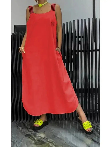 Summer Fashion Solid Cotton Linen Dresses Women Sexy Square Neck Sleeveless Suspender Slit Long Dress Casual Loose Dress Woman - Lootquake