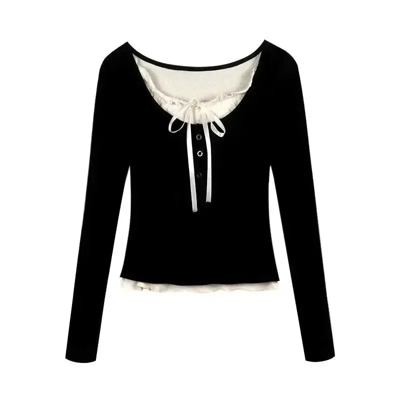 2024 Summer Kawaii Sweet Y2k Crop Tops Woman Casual Slim Long Sleeve Blouse Solid Korean Fashion Bodycon Pullover Office Lady - Lootquake