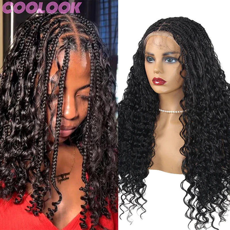 24" Boho Box Braids Lace Frontal Wig | Deep Wave Goddess Braids | Curly Ends | Black Full Lace Synthetic Wig