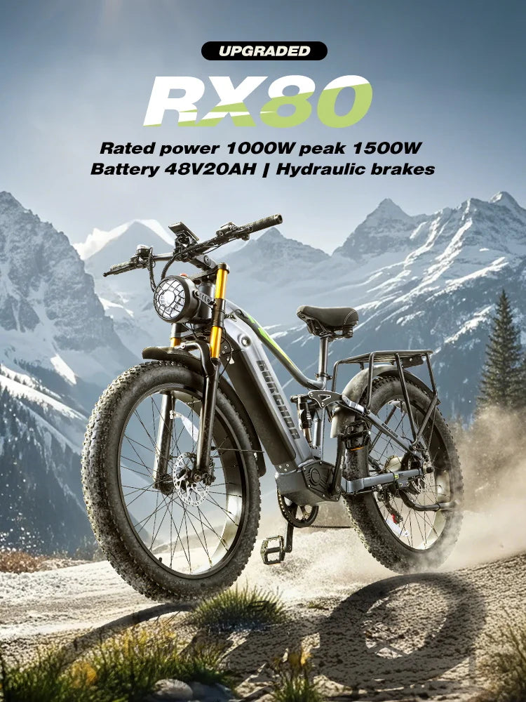 Bicicleta eléctrica de montaña Burchda RX80 de 1000 W y 50 km/h, batería de litio de 48 V y 20 Ah, de 26 pulgadas, para adultos.