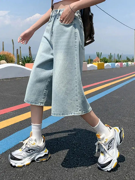 Female Summer American Vintage Baggy Denim Cropped Pants Woman High Waist Washed Wide Leg Jeans Light Blue Loose A Line Shorts - Lootquake