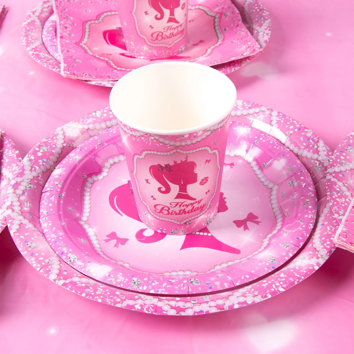 Décoration de fête d'anniversaire, vaisselle jetable rose, assiette en papier, gobelet, nappe, fournitures pour fête prénatale, anniversaire de fille