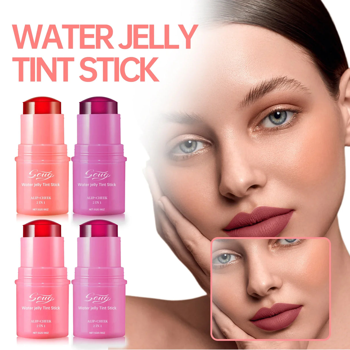 3-in-1 Powder Blusher Moisturized Blusher Stick  Beauty Makeup Long Lasting Brighten Matte Facial Contour Rouge Lipstick Sticker
