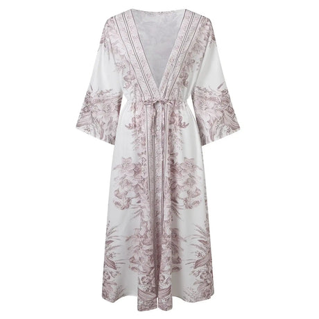 2025 Boho Print Half Sleeve Long Dress Women Fashion Japanese Kimono Lace-Up Robe Summer Sundress Holiday Beach Dress Vestidos - Lootquake