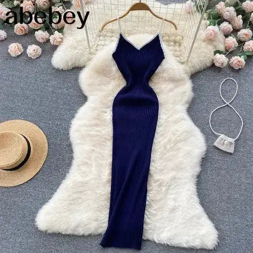 Summer V Neck Knit Sexy Strap Dress Women Elatic Waist Bodycon Sundress Female Beach Backless Maxi Long Dress