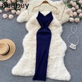 Summer V Neck Knit Sexy Strap Dress Women Elatic Waist Bodycon Sundress Female Beach Backless Maxi Long Dress