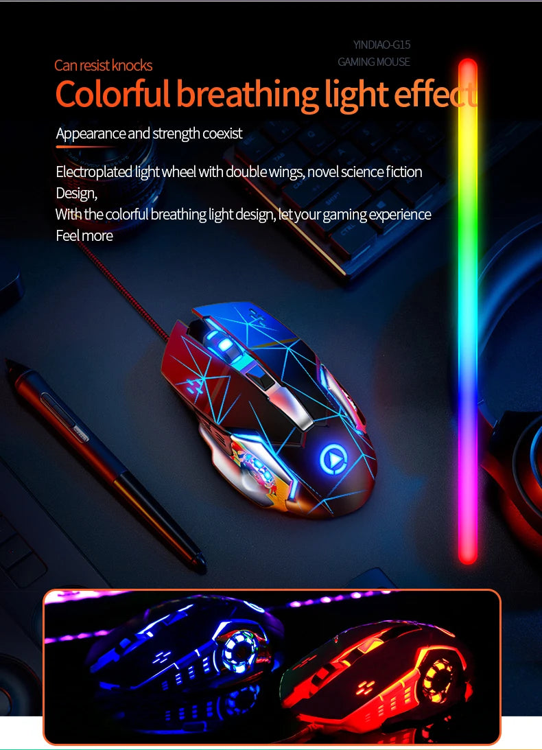 G15 Mechanical Gaming Mouse 7-Color Breathing Light Wired Laptop USB Desktop Office Computer Gaming Mouse Mute