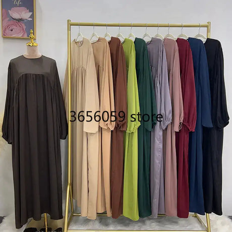 Plain Abaya Muslim Long Dress Women Balloon Sleeve Casual Islamic Clothing Dubai Turkish Modesty Kaftan Ramadan Eid - Lootquake