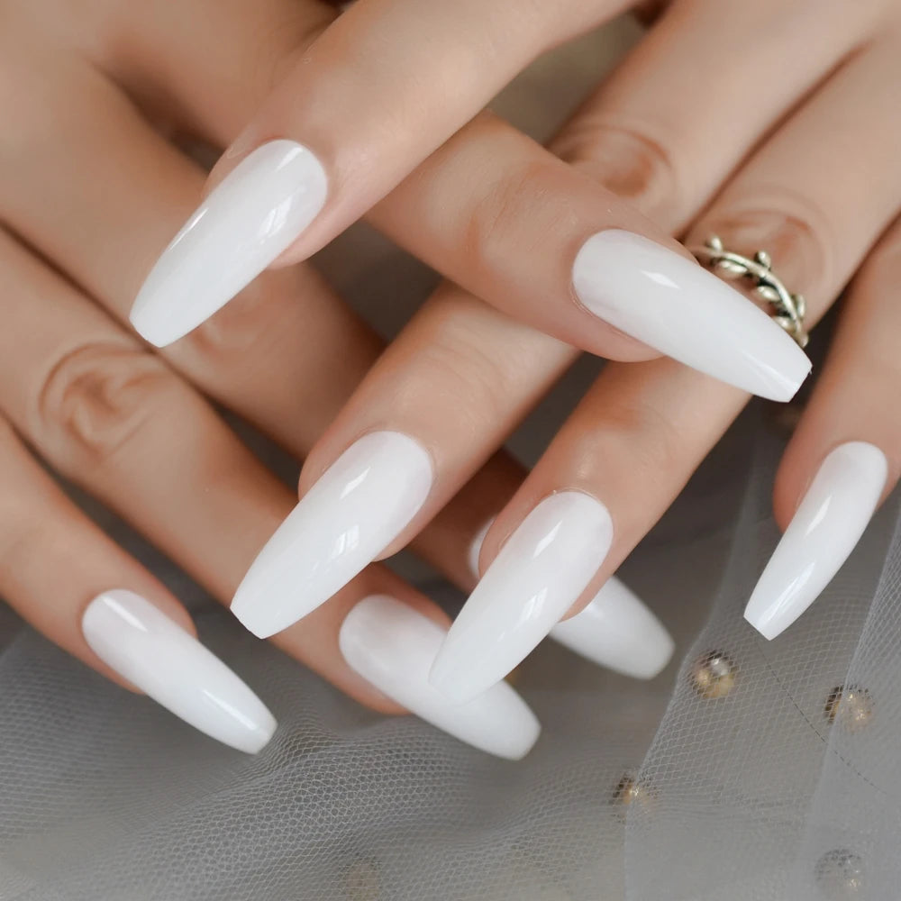 Milk White Long Ballerina Nails Glossry Shiny Pure Color Extra Long Acrylic Nail Tips gel Polish Cover 24