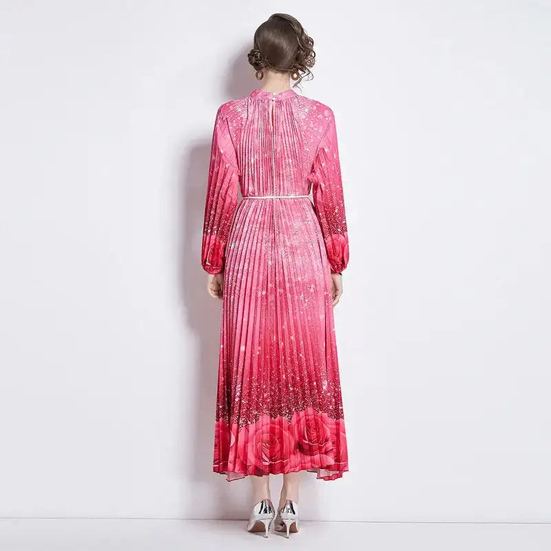 Spring Holiday Print Long Dress For Women Fashion Loose Lantern Sleeve Party Robe Female Big Swing Tassels Belt Pleated Clothes