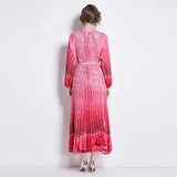 Spring Holiday Print Long Dress For Women Fashion Loose Lantern Sleeve Party Robe Female Big Swing Tassels Belt Pleated Clothes