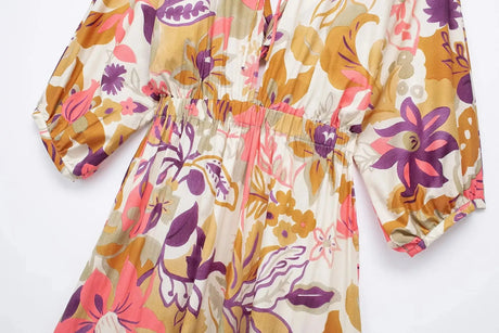 TRAFZA Vintage Flower Print Long Dress Women V Neck Short Sleeve Hollow Out Sexy Beach Dress Fashion 2024 Summer Holiday Dress - Lootquake