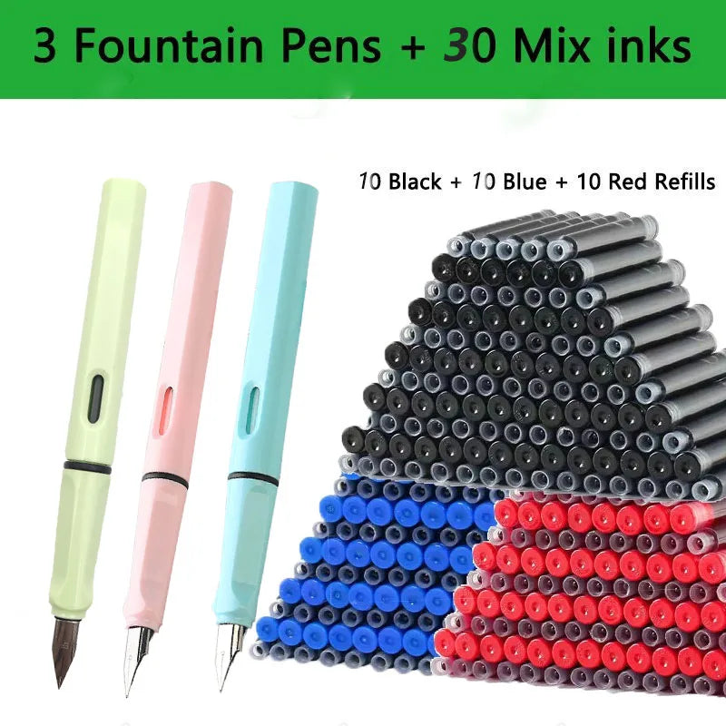 Juego de 33 plumas estilográficas Kawaii con tinta reemplazable, tinta negra, azul y roja EF de 0,38 mm, bolígrafos escolares, material de oficina, papelería para escribir.