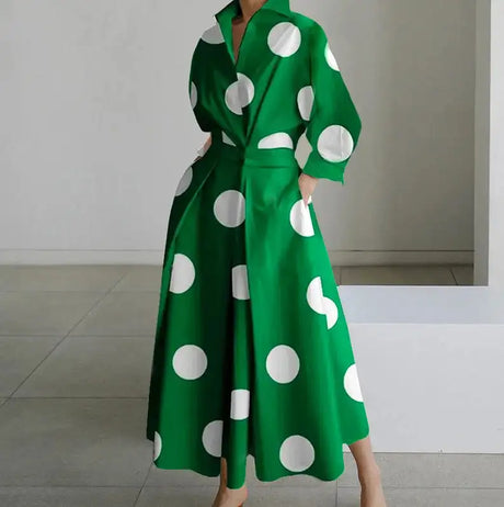 Autumn Dress Long Sleeve Dot Print Elegant Maxi Dresses For Women 2023 White Casual V Neck Shirt Party Long Dress Robe Femme - Lootquake