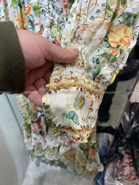 2024 New V-neck Heavy Beaded Butterfly and Flower Print Women Vacation Wear 100% Silk Multi-layer Ruffles Long Dress - Lootquake