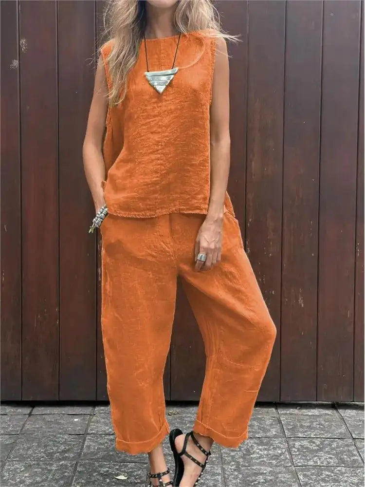 Summer Cotton And Linen Casual Outfits Female Fashion Solid Color Two-piece Set For Women Sleeveless Top Trousers Women's Suit - Lootquake