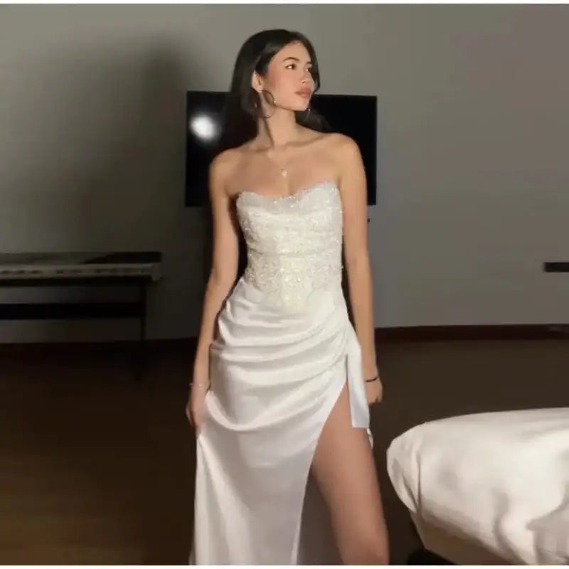 Satin Shiny Sequins Party Long Dress Women Sexy Strapless Sleeveless Backless High Split Dresses 2025 INS Lady Evening Gown - Lootquake