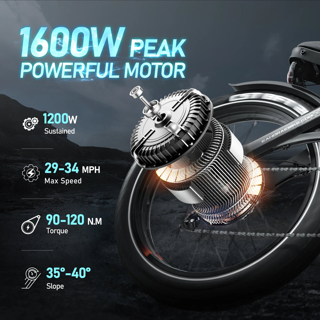 Bicicleta eléctrica Romeo con motor de 1200 W, 48 V, 60 Ah, 34 mph, velocidad máxima, 26 x 4 pulgadas, neumáticos anchos todoterreno, para acampar, para adultos.
