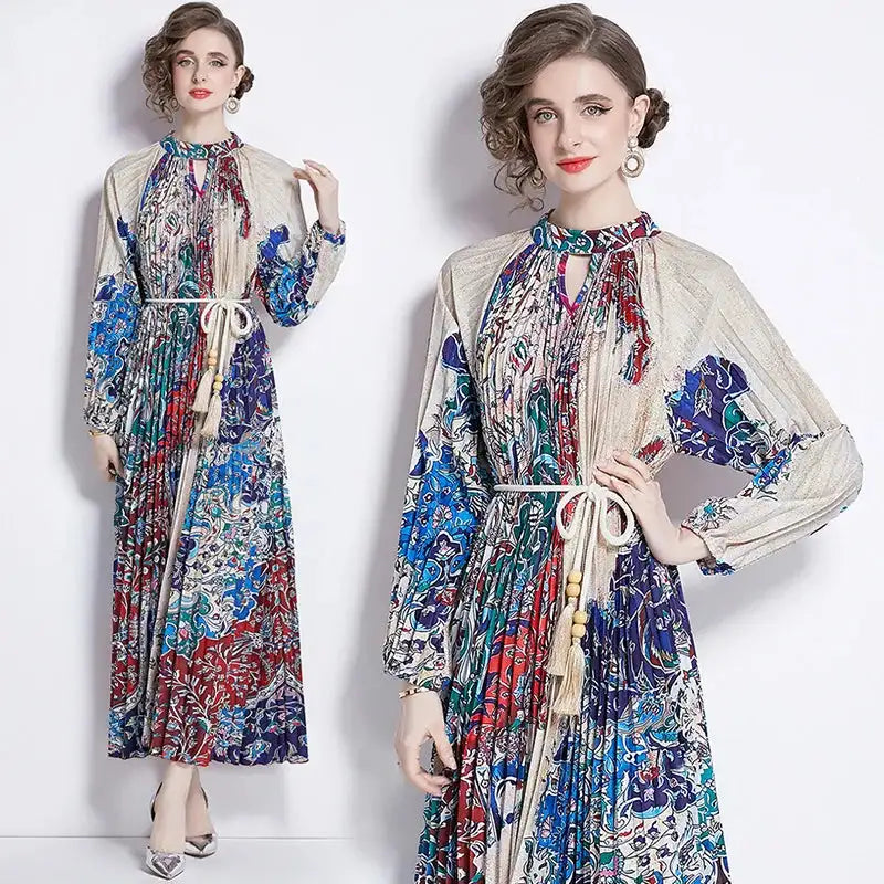 Spring Holiday Print Long Dress For Women Fashion Loose Lantern Sleeve Party Robe Female Big Swing Tassels Belt Pleated Clothes