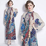 Spring Holiday Print Long Dress For Women Fashion Loose Lantern Sleeve Party Robe Female Big Swing Tassels Belt Pleated Clothes