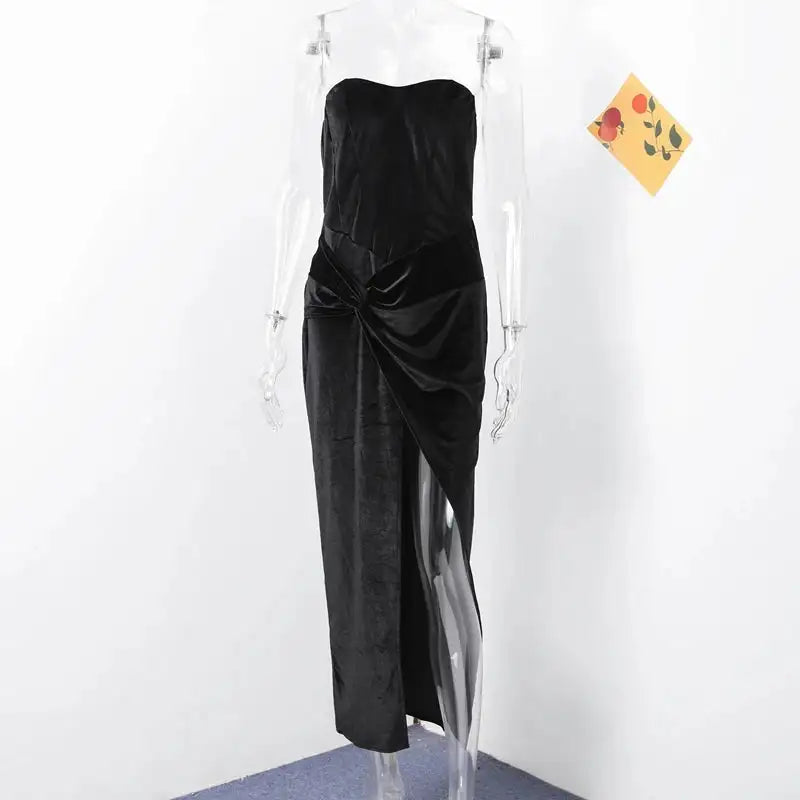 Elegant Velvet Knot Side Split Strapless Maxi Dress Women Back Bandage Off Shoulder Sleeveless Evening Long Dress Party Vestidos - Lootquake