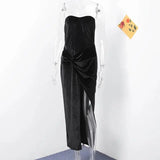 Elegant Velvet Knot Side Split Strapless Maxi Dress Women Back Bandage Off Shoulder Sleeveless Evening Long Dress Party Vestidos - Lootquake