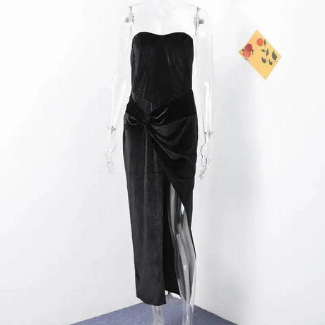 Elegant Velvet Knot Side Split Strapless Maxi Dress Women Back Bandage Off Shoulder Sleeveless Evening Long Dress Party Vestidos - Lootquake