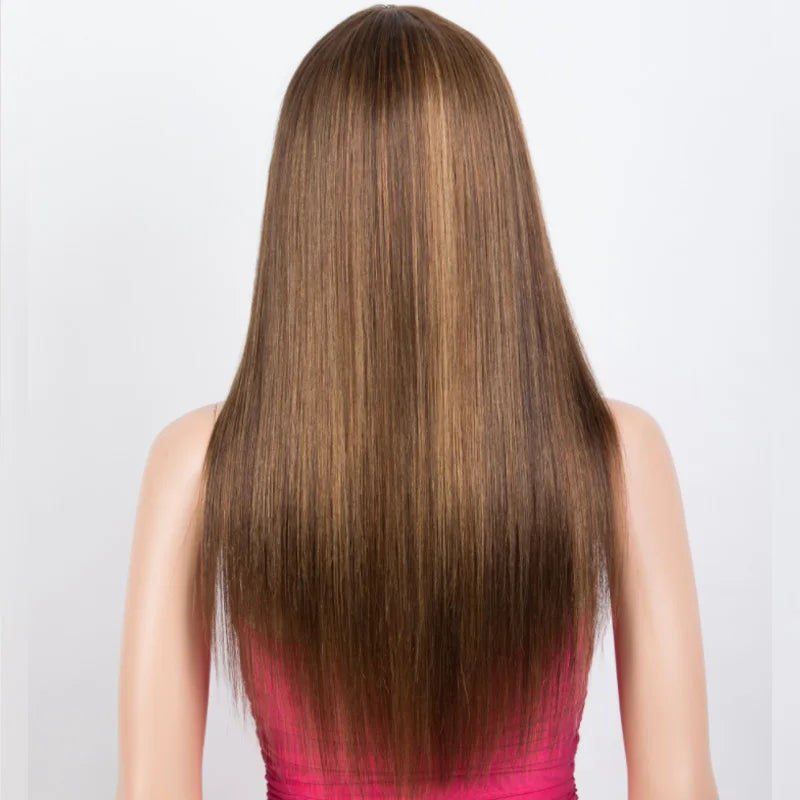 Blonde Highlight Straight Wig with Bangs | 180% Density Glueless Full Machine Made Brazilian Ombre Human Hair
