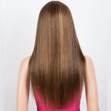 Blonde Highlight Straight Wig with Bangs | 180% Density Glueless Full Machine Made Brazilian Ombre Human Hair