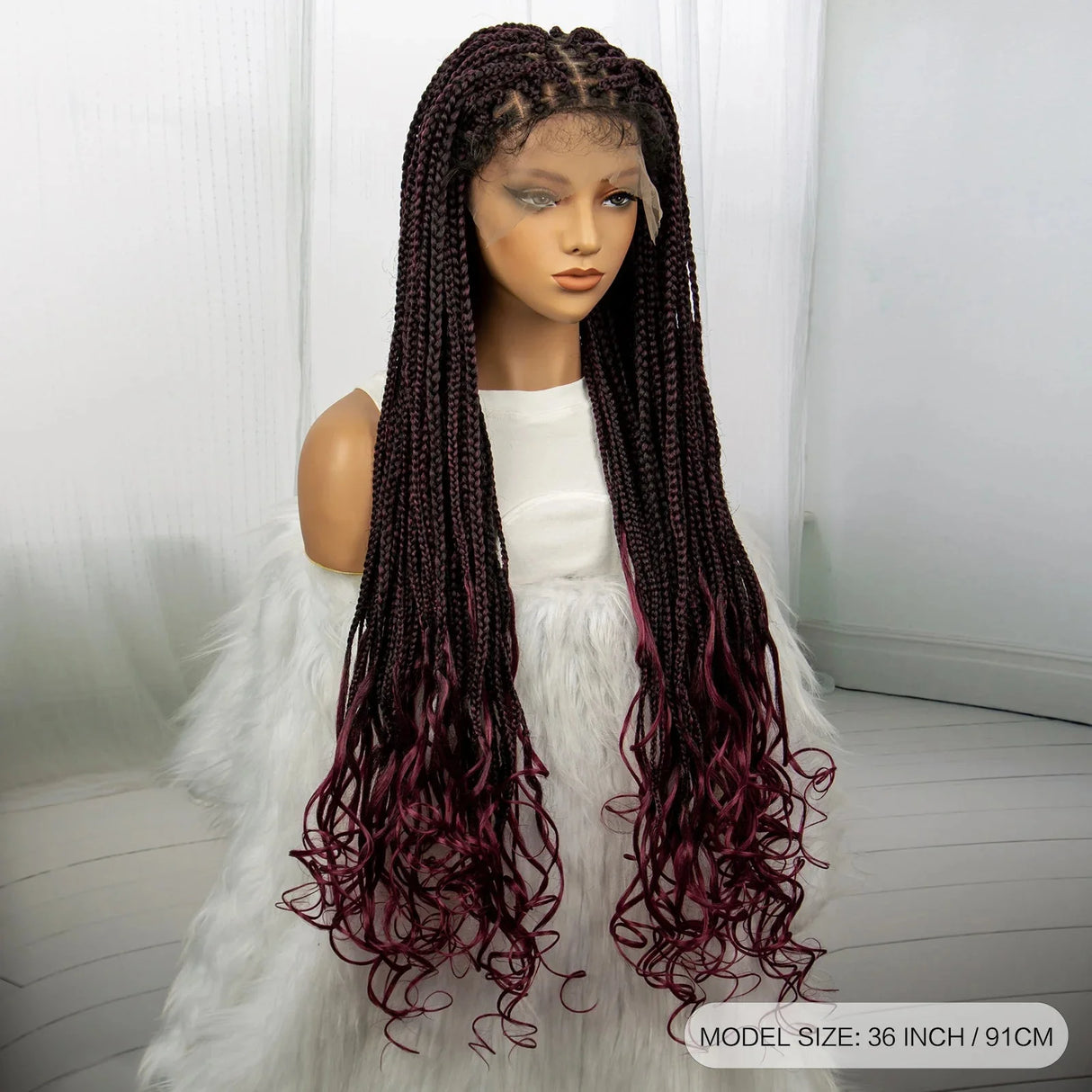 36 Inch Synthetic Braided Wigs Knotless Boho Braided Lace Wigs with Curly Ends Lace Front Braiding Hair Wig for Black Women