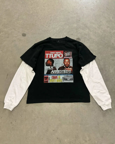 American hip hop trend new print splicing long sleeve women round neck pullover autumn hoodie goth street oversized sweatshirt - Lootquake