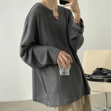 Men's Retro Loose Lazy Stylish Long Sleeve T-Shirt Casual O Neck Solid Exposed Clavicle Tops Breathable Basic Shirt 2025 New - Lootquake