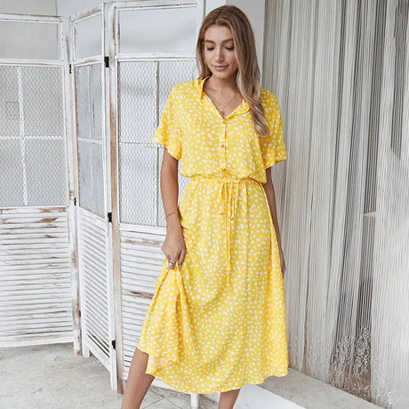 Vintage Floral Print Dress Women Boho Short Sleeve Long Dress Turn Down Collar Casual Waistband Shirt Dresses Robe 2021 Summer - Lootquake