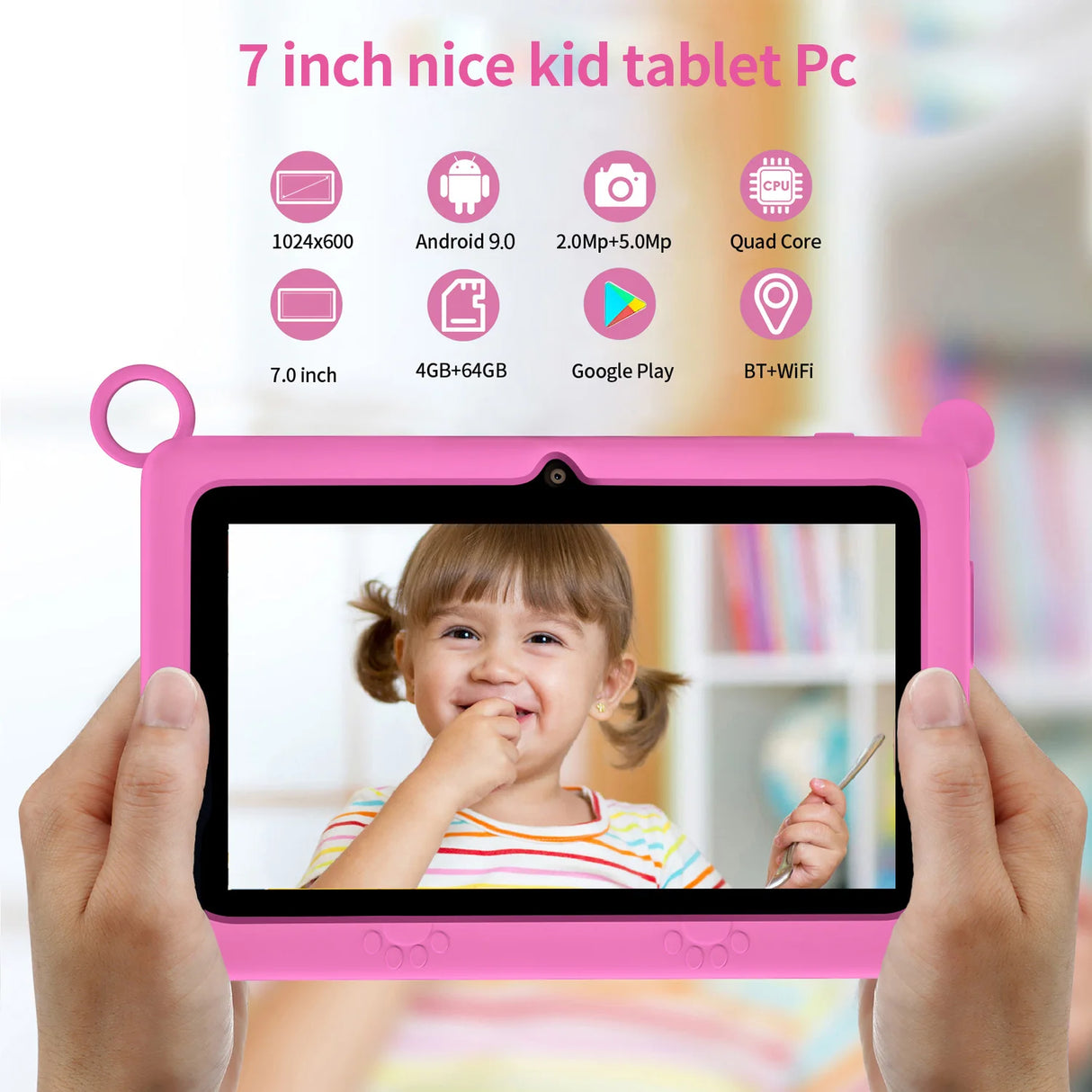 Tablette enfant BDF 7 pouces Google Learning Education Games Quad Core 4 Go RAM 64 Go ROM WiFi Bluetooth Double caméra