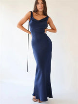 Fashion Women Satin Vintage Long Bodycon Dress Elegant Backless Spaghetti Strap Long Dress Y2K Sexy Low Cut Club Party Dress - Lootquake