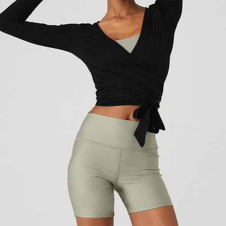 Ladies Yoga Workout Blouses Tees Women Cross Wrap Tie Crop Tops Fashion Long Sleeve Deep V Neck Solid Color Slim Fit T-Shirts - Lootquake