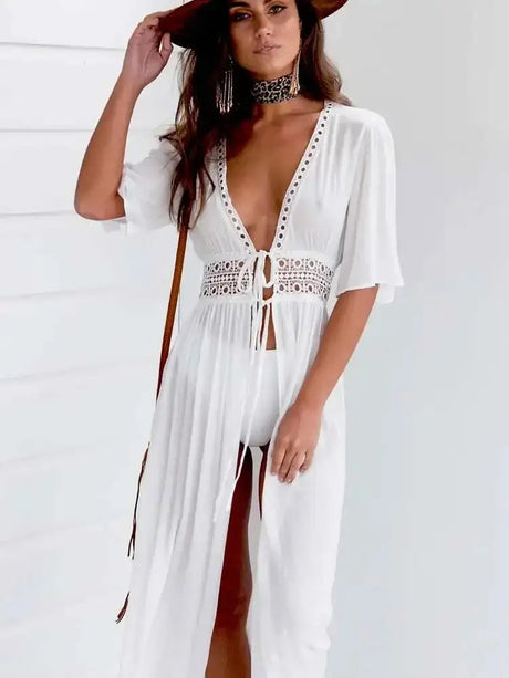2024 Summer Bikini Cover-ups Women Bohemian Beach Long Dress Short Sleeve Lace Hollow Out Cardigan Swimwear Cover Ups Beachwear - Lootquake