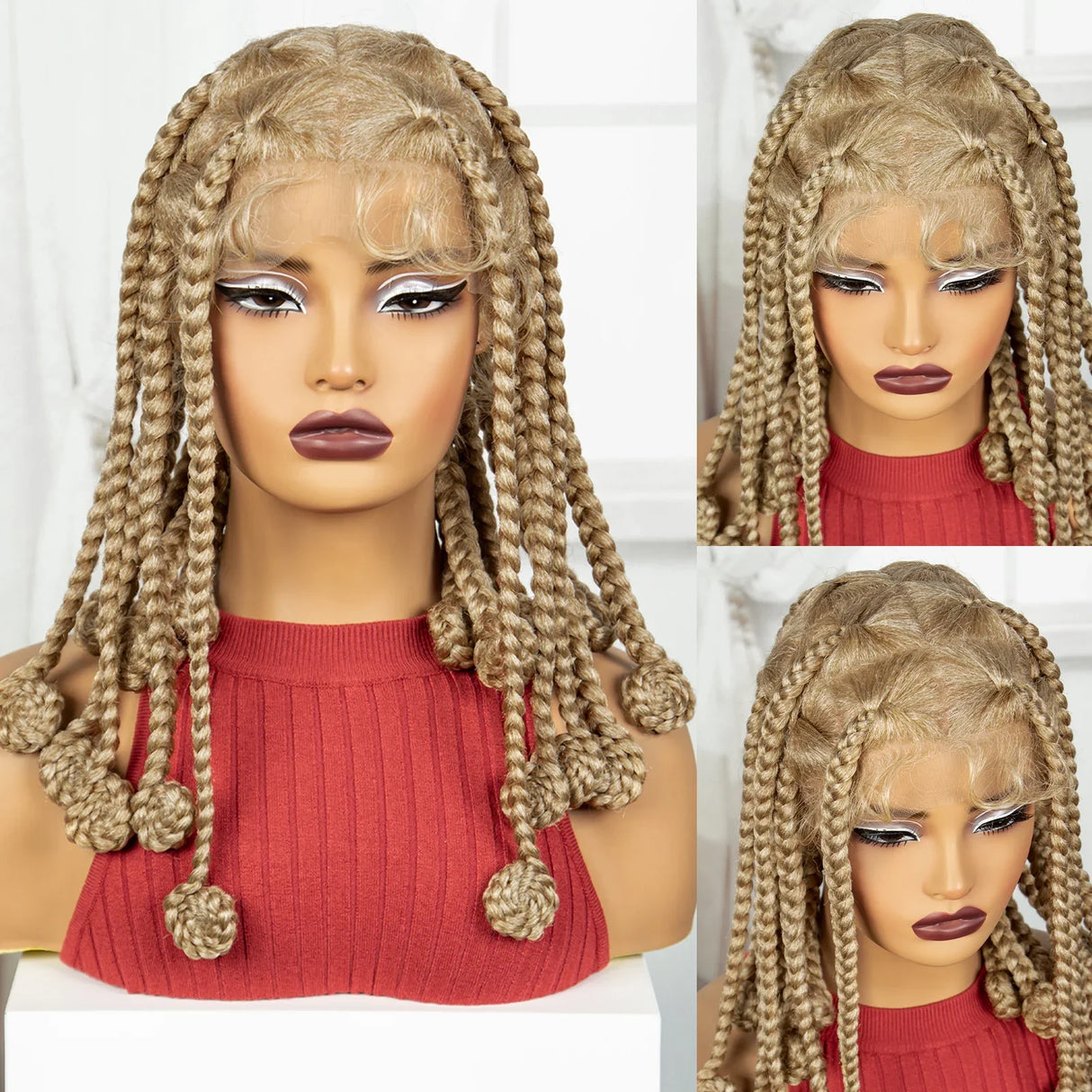 Blonde 12 Inch Synthetic Braided Wigs | Transparent Full Lace Bantu Knotless Box Braids with Baby Hair for Black Women