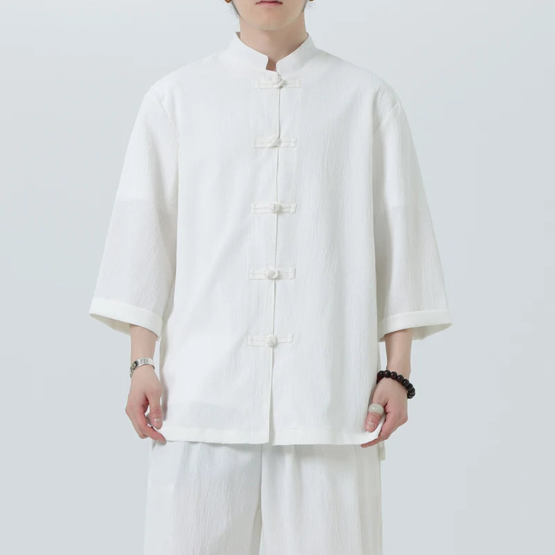 Men Chinese Style Hanfu Shirt 3/4 Sleeve Mens Loose Tops Tang Suit Solid Traditional Kung Fu Shirts Male Chinese Shirts M-5XL - Lootquake