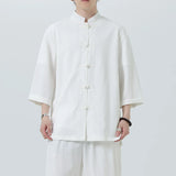 Men Chinese Style Hanfu Shirt 3/4 Sleeve Mens Loose Tops Tang Suit Solid Traditional Kung Fu Shirts Male Chinese Shirts M-5XL - Lootquake