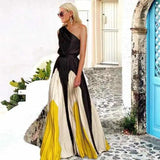 2024 Spring Summer New One Shoulder Dresses Women Splicing Print Off Shoulder Loose Long Dress Fashion Ladies Commuting Vestidos - Lootquake