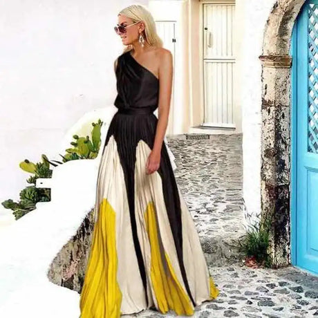 2024 Spring Summer New One Shoulder Dresses Women Splicing Print Off Shoulder Loose Long Dress Fashion Ladies Commuting Vestidos - Lootquake