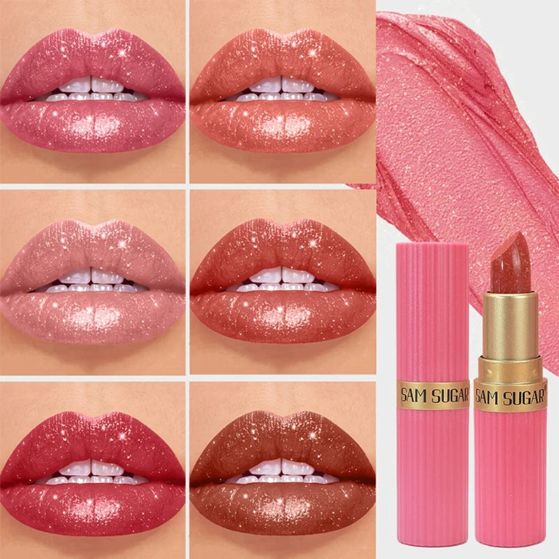 Metallic Pearl Diamond Luxury Lipstick Makeup 6-color Waterproof Long-lasting Sparkling Matte Lip Gloss Daily Beauty Accessories