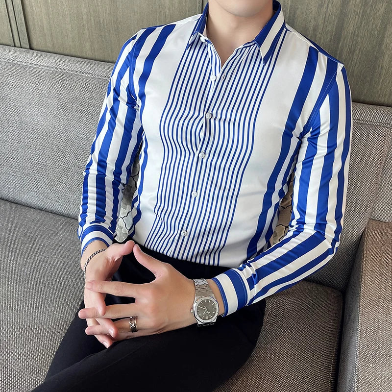 British Style Striped Shirts Mens Long Sleeve Business Formal Dress Shirt Casual Slim Fit Dress Streetwear Social Party Clothing - Lootquake