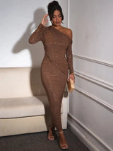 Mozision Sparkle Long Sleeve Sexy Maxi Dress For Women Inclined Shoulder Backless Bodycon Ruched Club Party Sexy Long Dress - Lootquake
